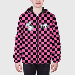 Куртка с капюшоном мужская Инопланетянин в черно розовую клетку, цвет: 3D-черный — фото 2