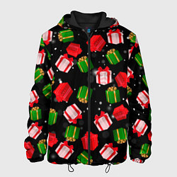 Куртка с капюшоном мужская Новогодние паттерн подарков, цвет: 3D-черный