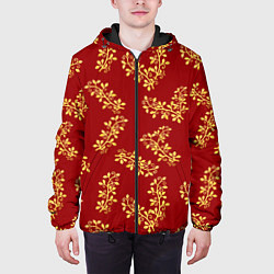 Куртка с капюшоном мужская Золотые веточки на ярко красном фоне, цвет: 3D-черный — фото 2