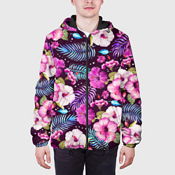 Куртка с капюшоном мужская Цветочный Паттерн Flowers and leaves, цвет: 3D-черный — фото 2