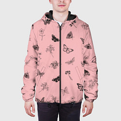 Куртка с капюшоном мужская Цветочки и бабочки на розовом фоне, цвет: 3D-черный — фото 2