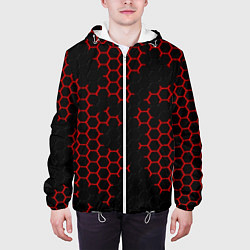 Куртка с капюшоном мужская НАНОКОСТЮМ Black and Red Hexagon Гексагоны, цвет: 3D-белый — фото 2