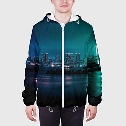 Куртка с капюшоном мужская Неоновый город с рекой - Светло-зелёный, цвет: 3D-белый — фото 2