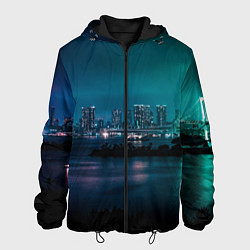 Куртка с капюшоном мужская Неоновый город с рекой - Светло-зелёный, цвет: 3D-черный
