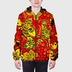 Куртка с капюшоном мужская Хохломская Роспись Две Птици На Красном Фоне, цвет: 3D-черный — фото 2