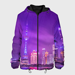 Куртка с капюшоном мужская Неоновый мегаполис - Фиолетовый, цвет: 3D-черный