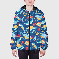 Куртка с капюшоном мужская Акула, скат и другие обитатели океана - лето, цвет: 3D-черный — фото 2
