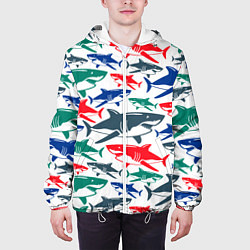 Куртка с капюшоном мужская Стая разноцветных акул - паттерн, цвет: 3D-белый — фото 2
