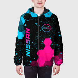 Куртка с капюшоном мужская Nissan - neon gradient: символ и надпись вертикаль, цвет: 3D-черный — фото 2