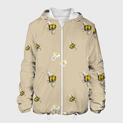 Куртка с капюшоном мужская Цветы Ромашки и Пчёлы, цвет: 3D-белый