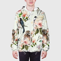 Куртка с капюшоном мужская Цветы Нарисованные Магнолии и Птицы, цвет: 3D-белый — фото 2