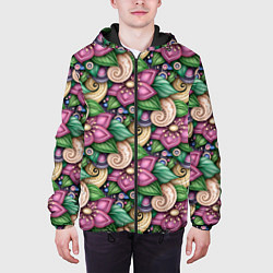 Куртка с капюшоном мужская Объемные цветы и листья, цвет: 3D-черный — фото 2