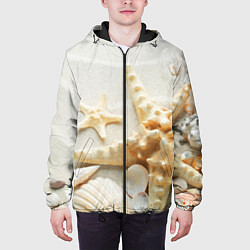 Куртка с капюшоном мужская Морские звёзды и ракушки на океанском берегу, цвет: 3D-черный — фото 2