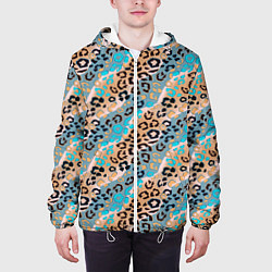 Куртка с капюшоном мужская Леопардовый узор на синих, бежевых диагональных по, цвет: 3D-белый — фото 2