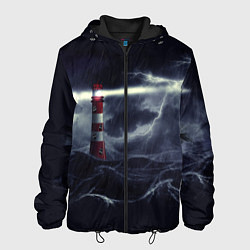 Куртка с капюшоном мужская Маяк и штормовое море в ночи, цвет: 3D-черный