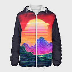 Куртка с капюшоном мужская Синтвейв неоновые горы на закате, цвет: 3D-белый