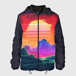 Куртка с капюшоном мужская Синтвейв неоновые горы на закате, цвет: 3D-черный