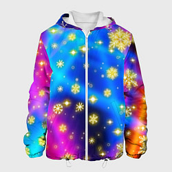 Куртка с капюшоном мужская Снежинки и звезды - яркие цвета, цвет: 3D-белый