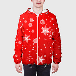 Куртка с капюшоном мужская Снежинки на красном фоне, цвет: 3D-белый — фото 2
