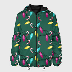 Куртка с капюшоном мужская Новогодняя гирлянда зеленая, цвет: 3D-черный