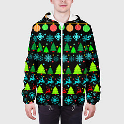 Куртка с капюшоном мужская Узор с ёлками и оленями, цвет: 3D-белый — фото 2