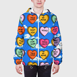 Куртка с капюшоном мужская Валентинки конфетки сердечки с посланиями, цвет: 3D-белый — фото 2
