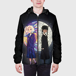 Куртка с капюшоном мужская Энид и Уэнсдэй на фоне окна, цвет: 3D-черный — фото 2