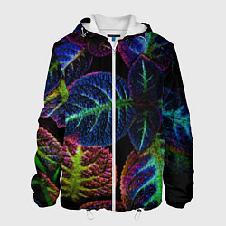 Куртка с капюшоном мужская Неоновые листья растений, цвет: 3D-белый