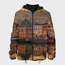 Куртка с капюшоном мужская Мирный город на воде и тучи, цвет: 3D-черный