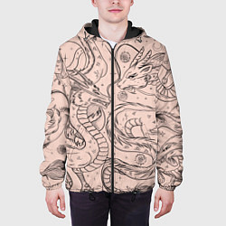 Куртка с капюшоном мужская Дракон - унесенные призраками: тату на бежевом, цвет: 3D-черный — фото 2