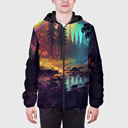 Куртка с капюшоном мужская Неоновый лес с радугой, цвет: 3D-черный — фото 2