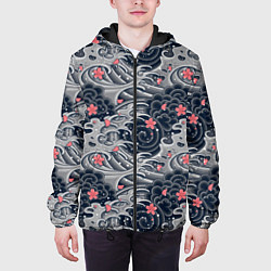 Куртка с капюшоном мужская Цветы и волны, цвет: 3D-черный — фото 2