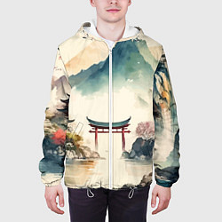 Куртка с капюшоном мужская Японский пейзаж - акварель, цвет: 3D-белый — фото 2