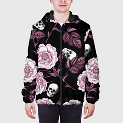 Куртка с капюшоном мужская Розовые цветы с черепами, цвет: 3D-черный — фото 2