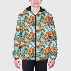 Куртка с капюшоном мужская Гавайские цветы паттерн, цвет: 3D-черный — фото 2