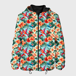 Куртка с капюшоном мужская Гавайские цветы и птицы, цвет: 3D-черный