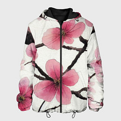 Куртка с капюшоном мужская Цветы и ветви японской сакуры - текстура холста, цвет: 3D-черный