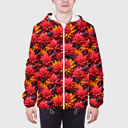 Куртка с капюшоном мужская Красные объемные цветочки, цвет: 3D-белый — фото 2