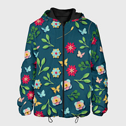 Куртка с капюшоном мужская Цветы и разноцветные бабочки, цвет: 3D-черный