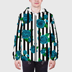 Куртка с капюшоном мужская Полосы и бирюзовые розы, цвет: 3D-белый — фото 2