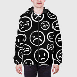 Куртка с капюшоном мужская Грустные черно-белые смайлики, цвет: 3D-черный — фото 2
