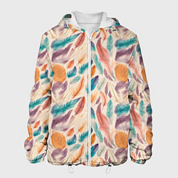 Куртка с капюшоном мужская Разноцветные перья узор, цвет: 3D-белый