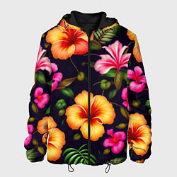 Куртка с капюшоном мужская Гавайские цветы узор, цвет: 3D-черный