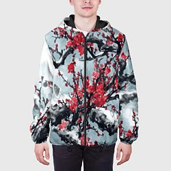 Куртка с капюшоном мужская Лепестки цветущей вишни - сакура, цвет: 3D-черный — фото 2