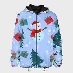 Куртка с капюшоном мужская Снеговики с новогодними подарками паттерн, цвет: 3D-черный