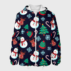 Куртка с капюшоном мужская Снеговички с рождественскими оленями и елками, цвет: 3D-белый