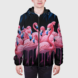 Куртка с капюшоном мужская Стая розовых фламинго в темноте, цвет: 3D-черный — фото 2