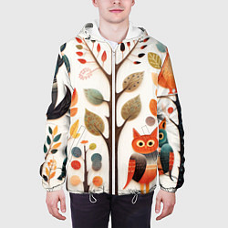 Куртка с капюшоном мужская Совы в осеннем лесу в стиле фолк-арт, цвет: 3D-белый — фото 2