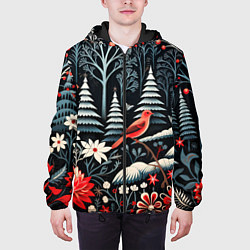 Куртка с капюшоном мужская Новогодний лес и птицы, цвет: 3D-черный — фото 2