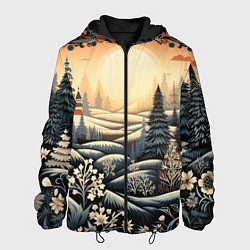 Куртка с капюшоном мужская Зимний предновогодний пейзаж, цвет: 3D-черный